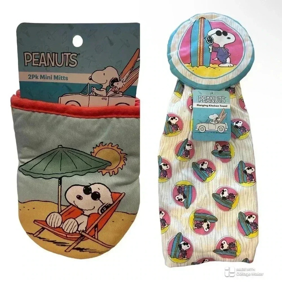 Bundle Peanuts Snoopy Comic “At the beach”NWT Hanging Kitchen Towel & Oven Mitts - Picture 1 of 9